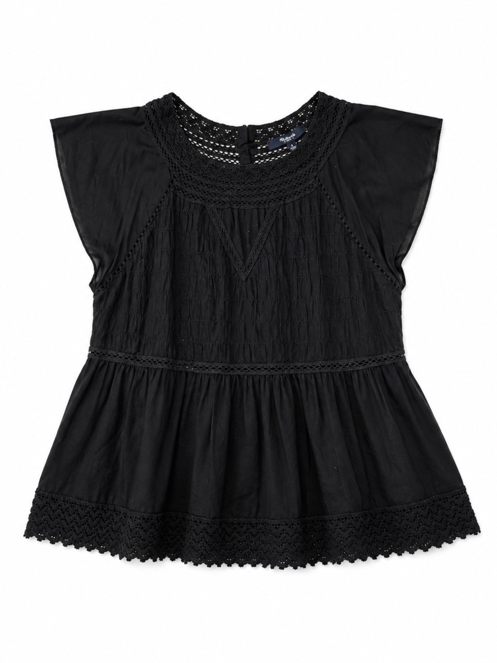 MADEWELL Black Cotton Peasant Blouse | Size 0 | Lace & Crochet Details